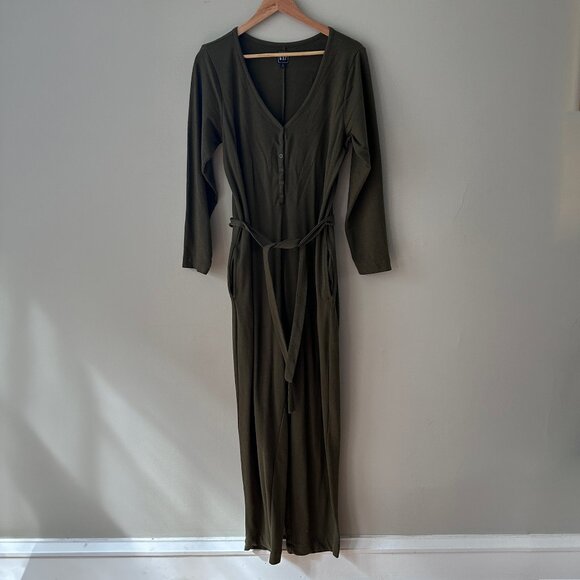Gap Olive Green Knit Belted Jumpsuit w/ Pockets - Picture 3 of 6